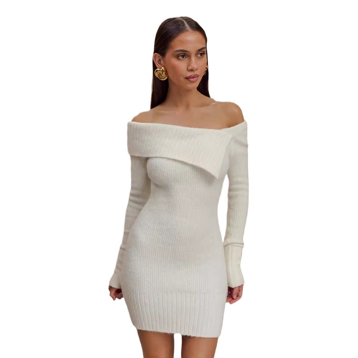 Women's Long-sleeved Off-neck Knitted Tight Skirt