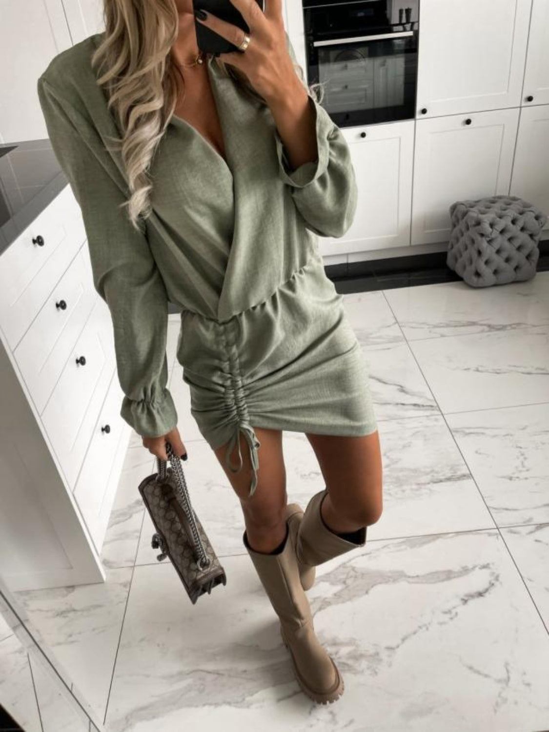 Drawstring Long Sleeve Mini Dress