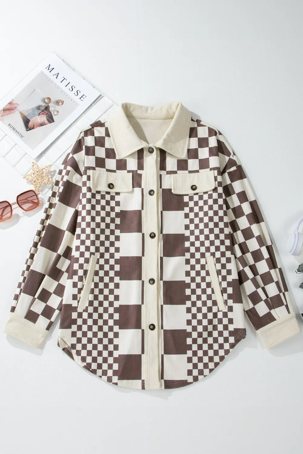 Pocketed Checkered Button Up Long Sleeve Jacket