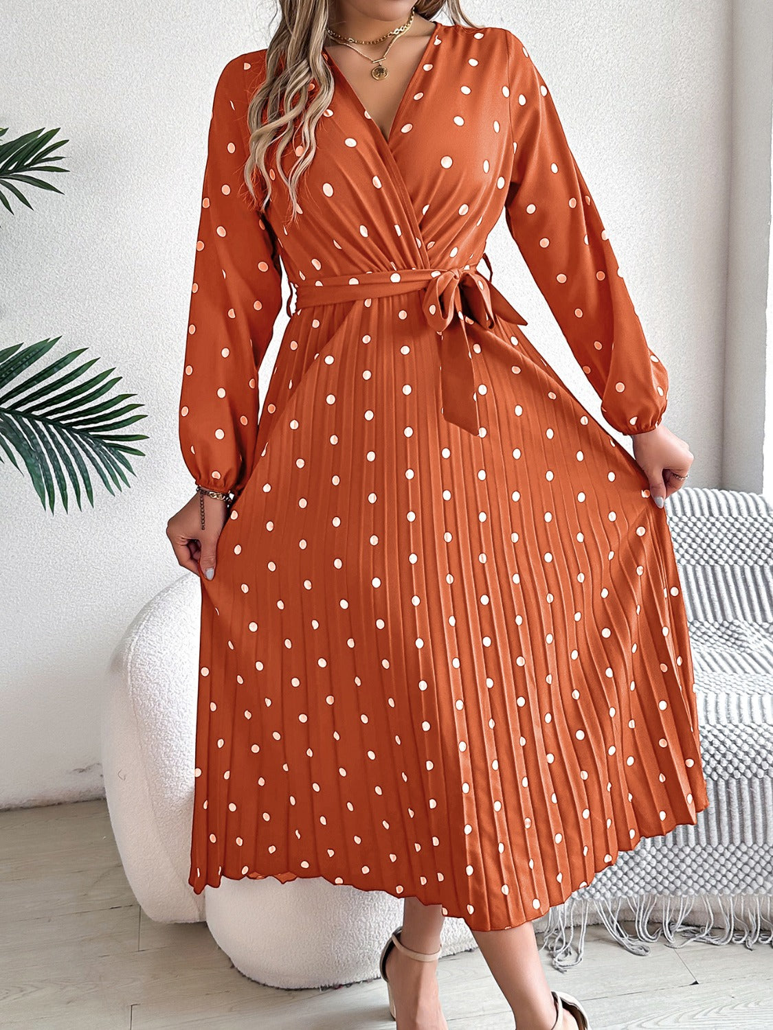 Tied Polka Dot Long Sleeve Midi Dress - Siennasass