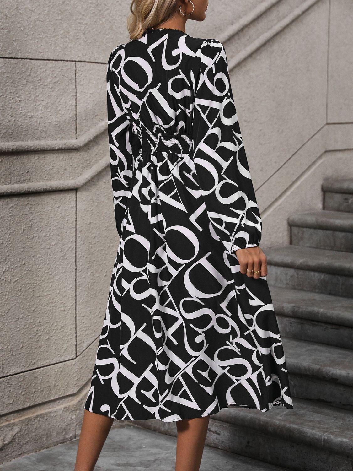 Printed V-Neck Long Sleeve Midi Dress - Siennasass