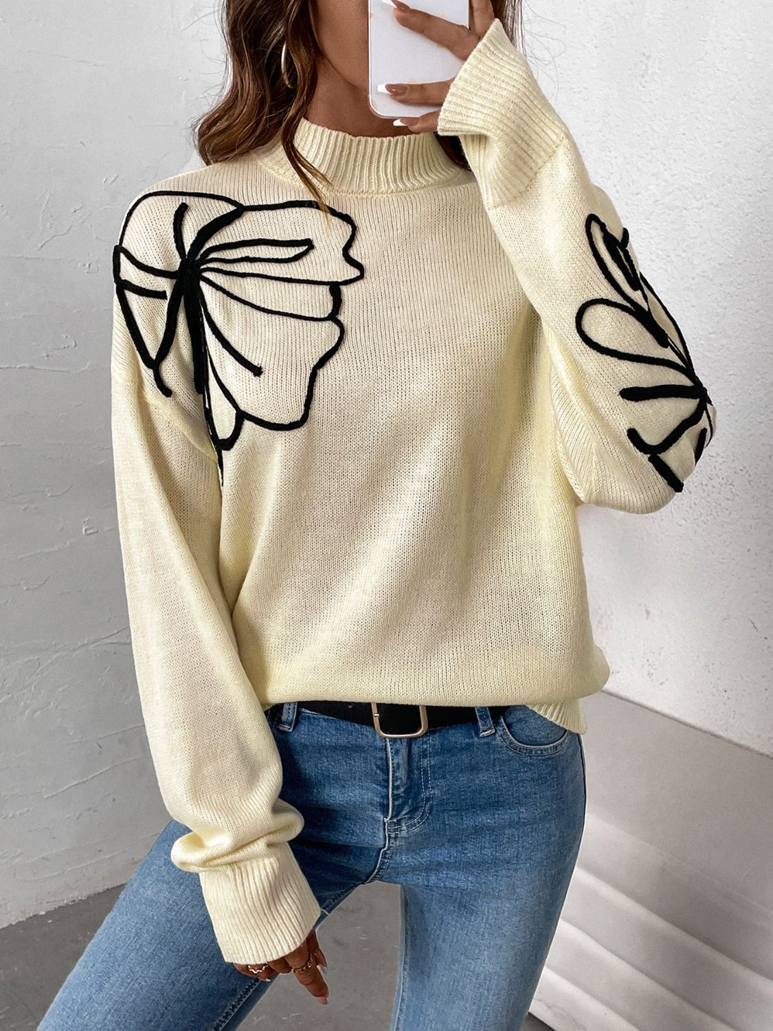 Perfee Mock Neck Dropped Shoulder Long Sleeve Sweater - Siennasass