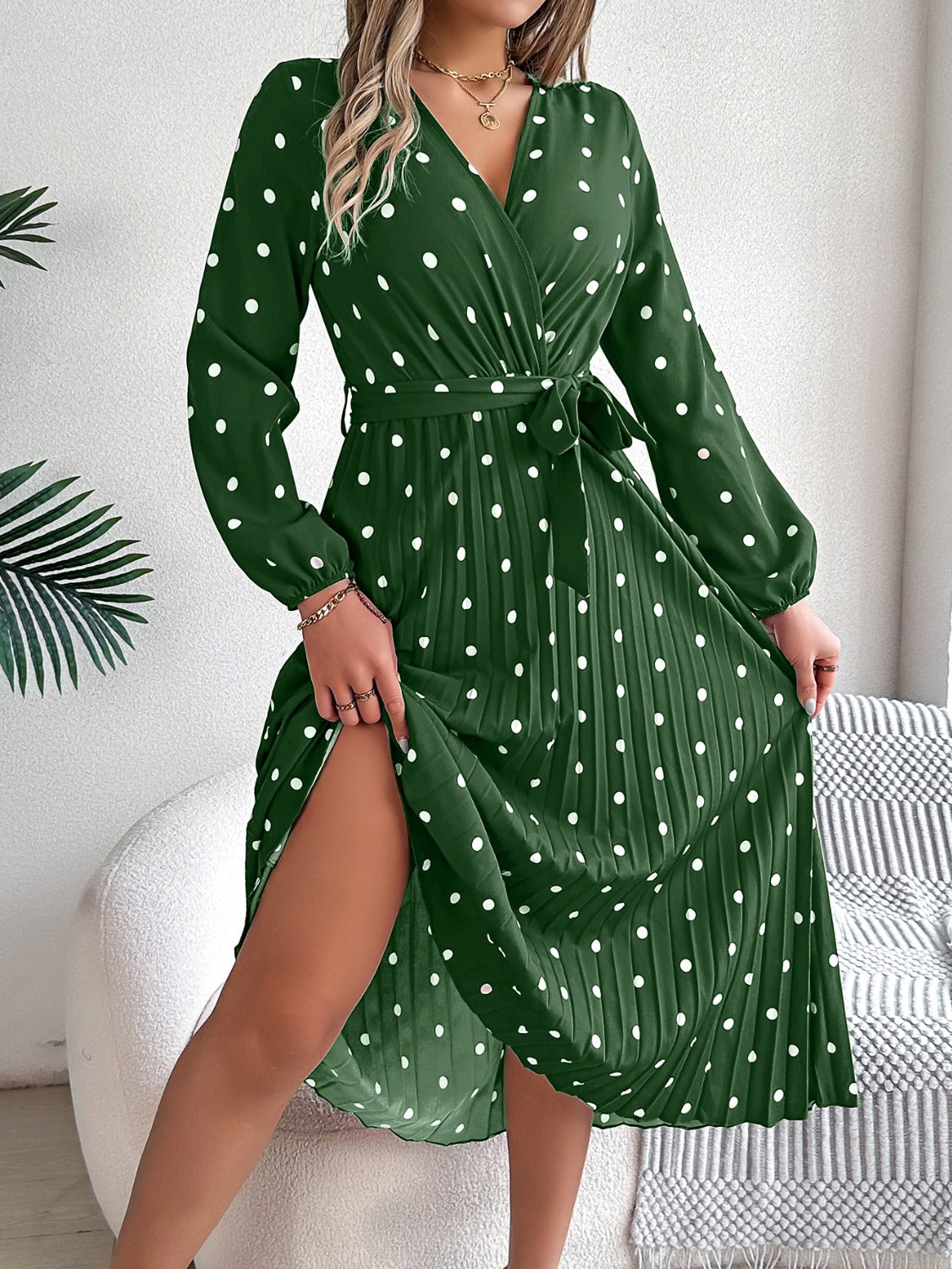 Tied Polka Dot Long Sleeve Midi Dress - Siennasass