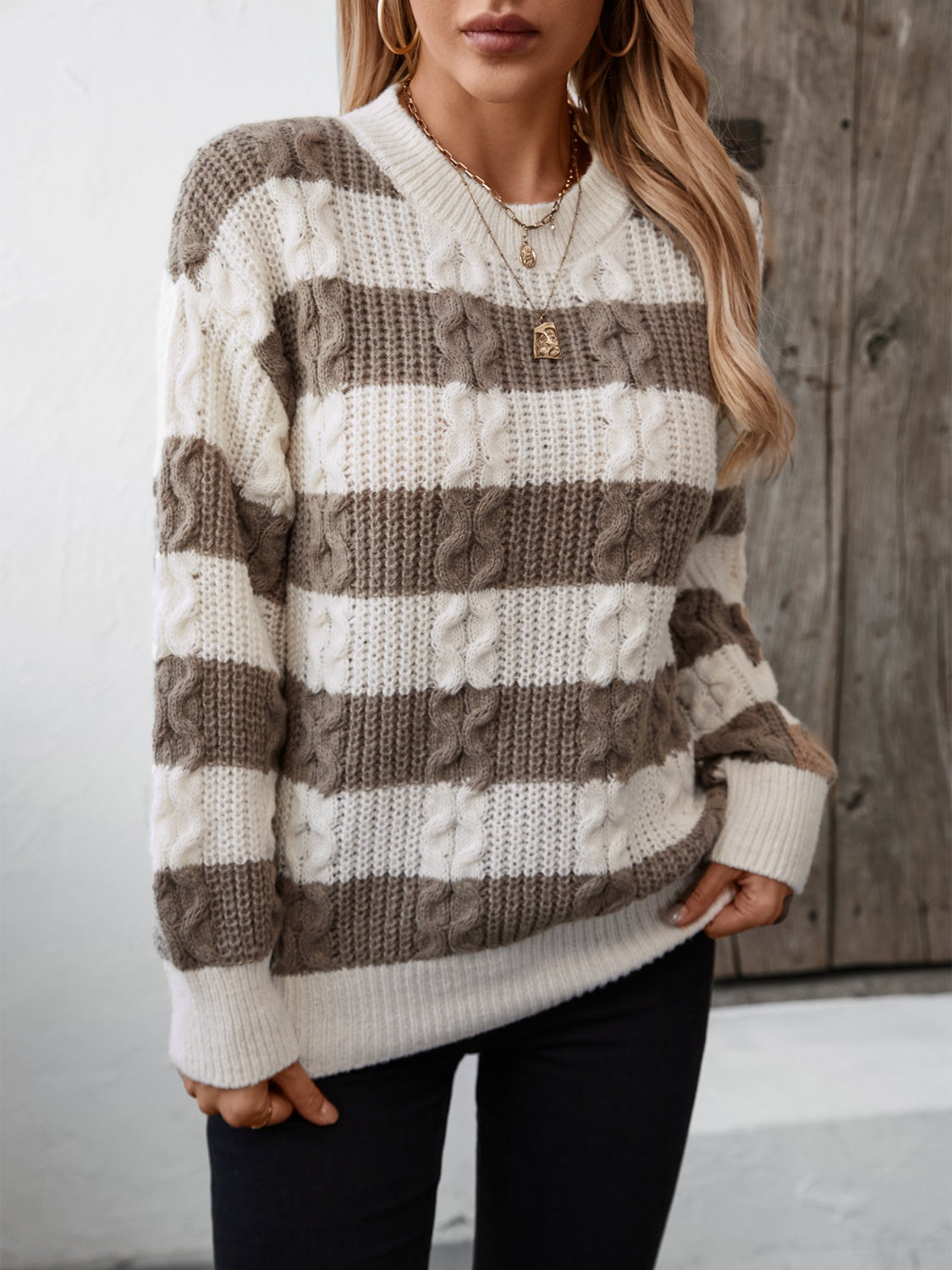 Striped Round Neck Long Sleeve Sweater - Siennasass