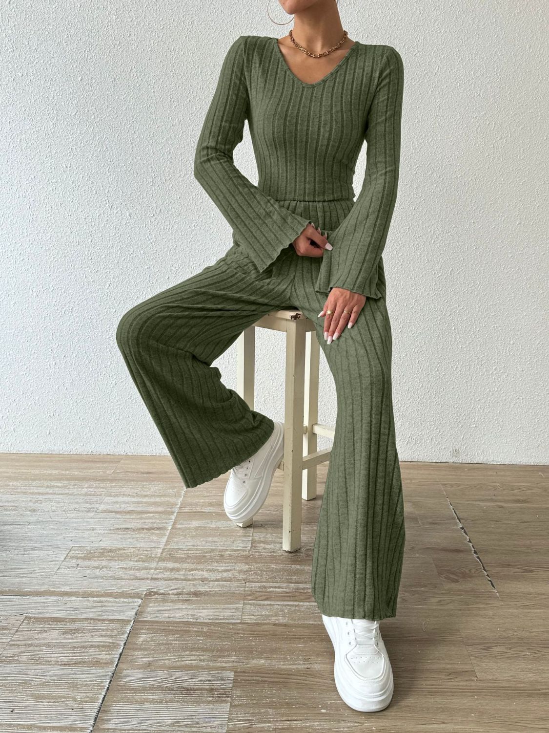 Ribbed V-Neck Long Sleeve Top and Pocketed Pants Set - Siennasass