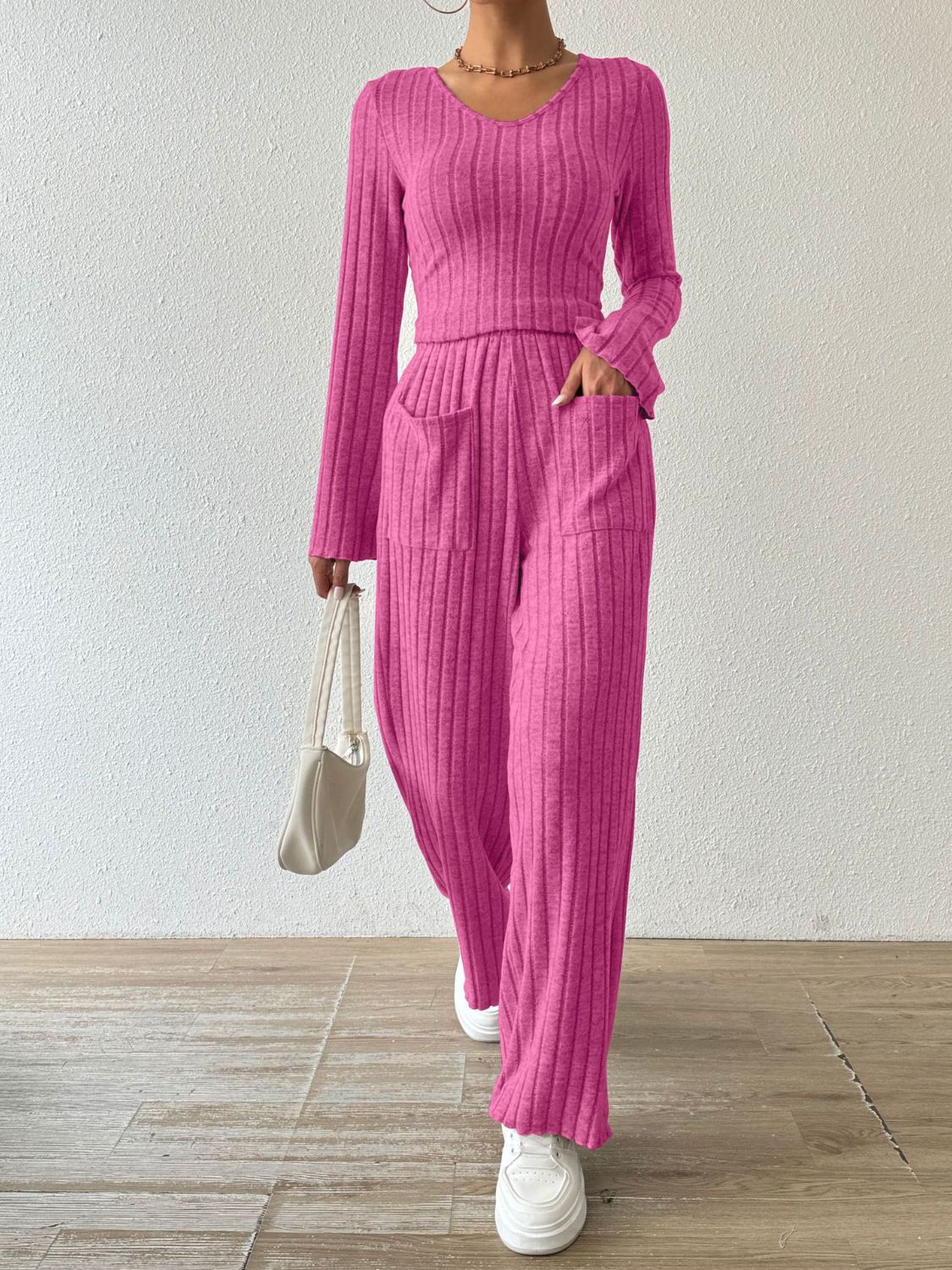 Ribbed V-Neck Long Sleeve Top and Pocketed Pants Set - Siennasass