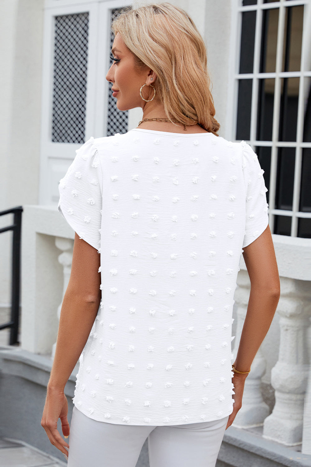 Swiss Dot Round Neck Petal Sleeve Blouse