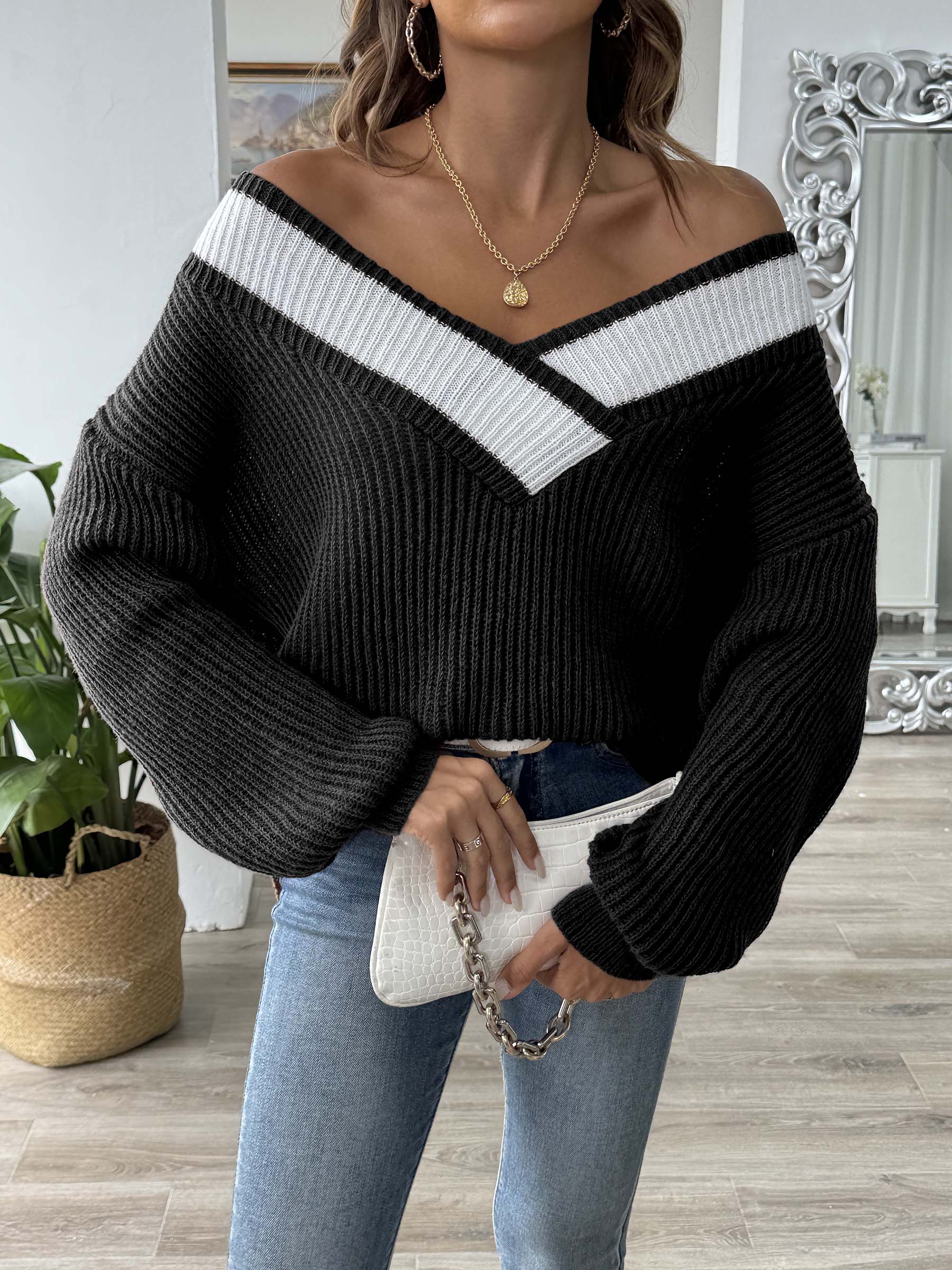 Contrast Dropped Shoulder Long Sleeve Sweater - Siennasass