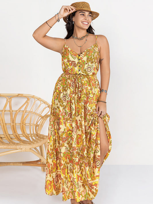 Plus Size Printed V-Neck Maxi Cami Dress - Siennasass