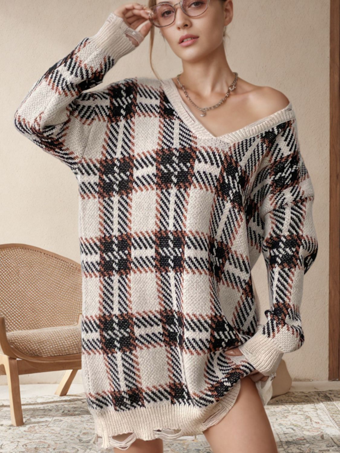 Distressed Plaid V-Neck Long Sleeve Sweater Dress - Siennasass