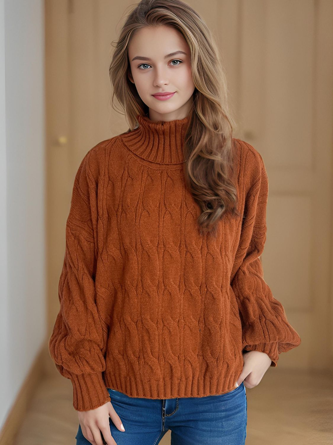 Cable-Knit Turtleneck Long Sleeve Sweater - Siennasass