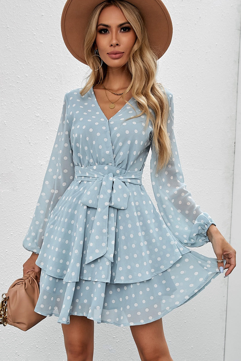 Tied Layered Polka Dot Balloon Sleeve Dress - Siennasass