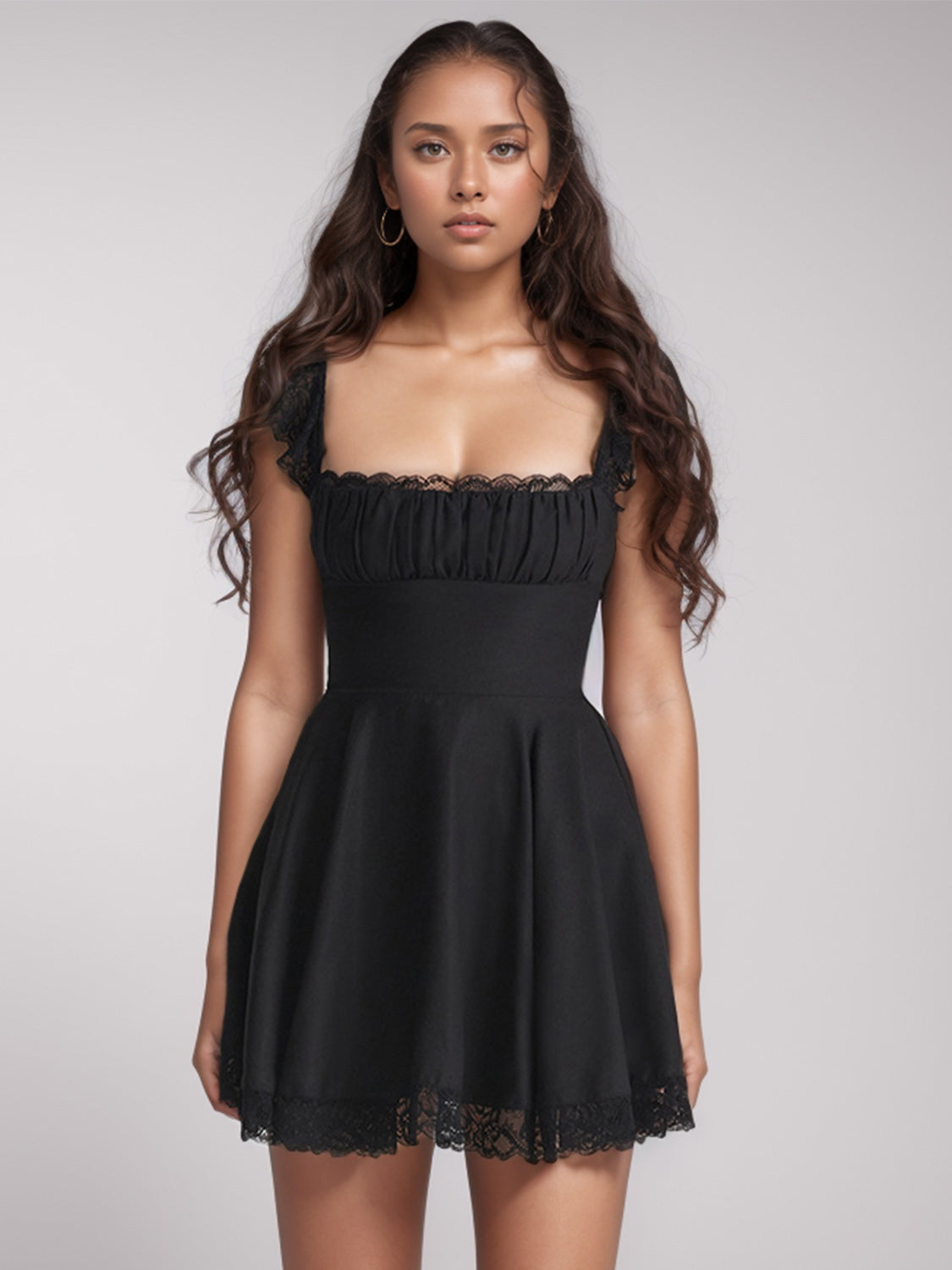 Lace Detail Square Neck Cap Sleeve Mini Dress - Siennasass