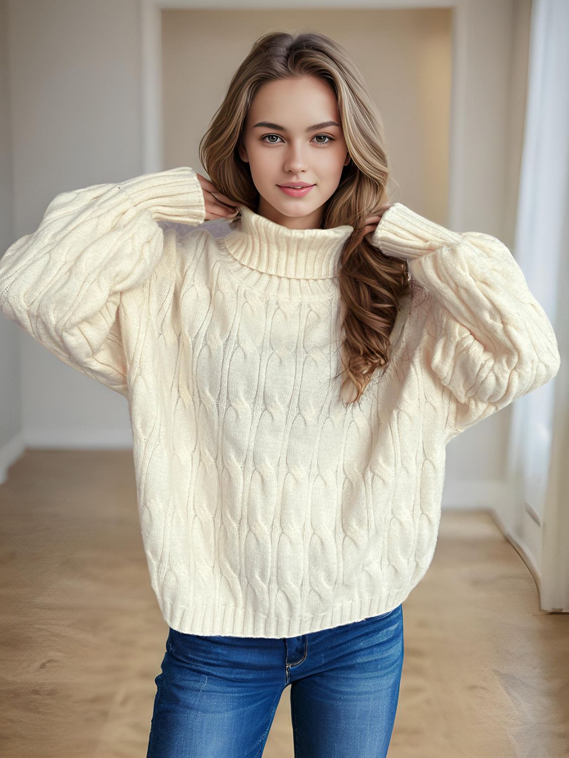 Cable-Knit Turtleneck Long Sleeve Sweater - Siennasass