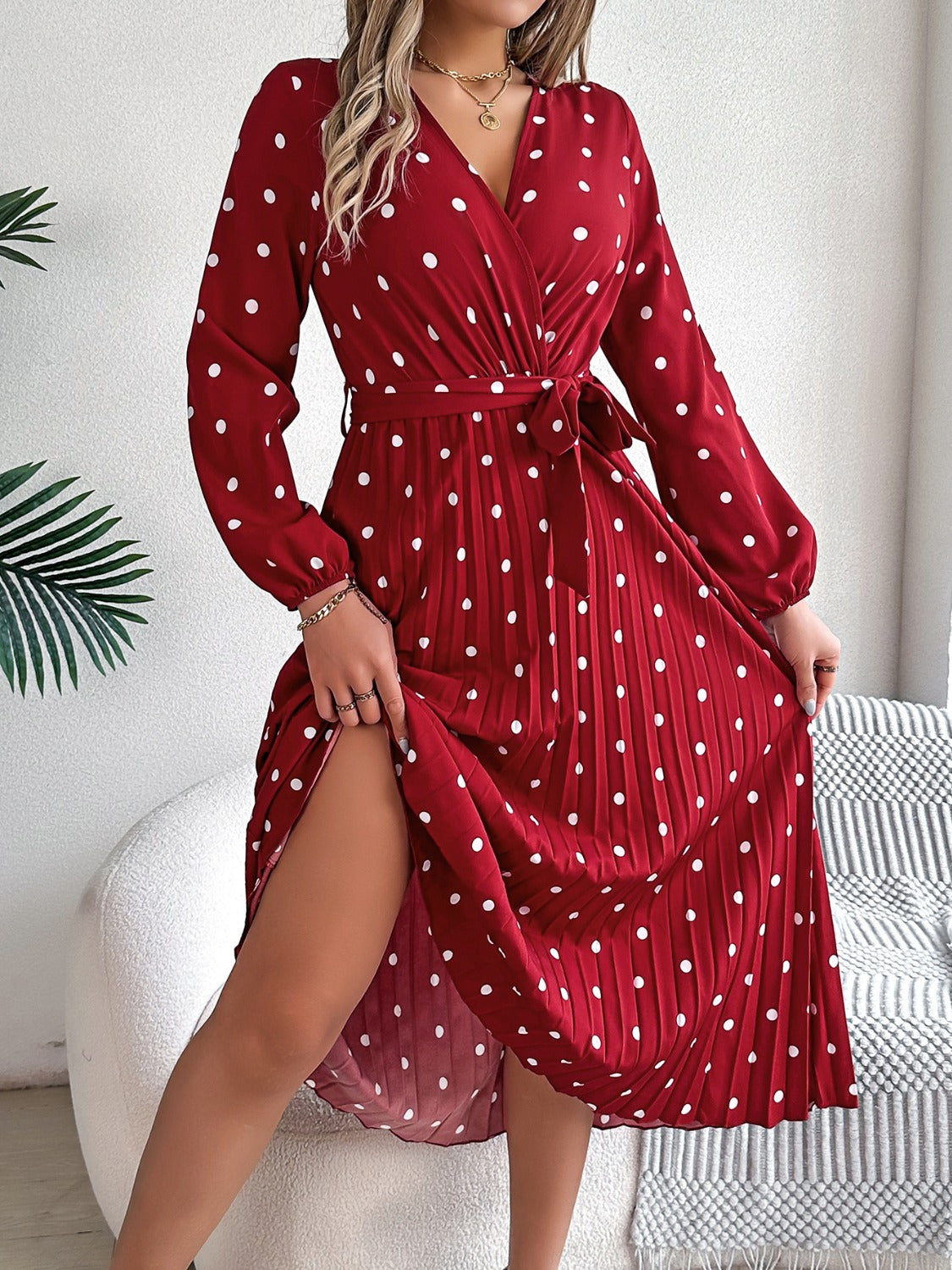 Tied Polka Dot Long Sleeve Midi Dress - Siennasass