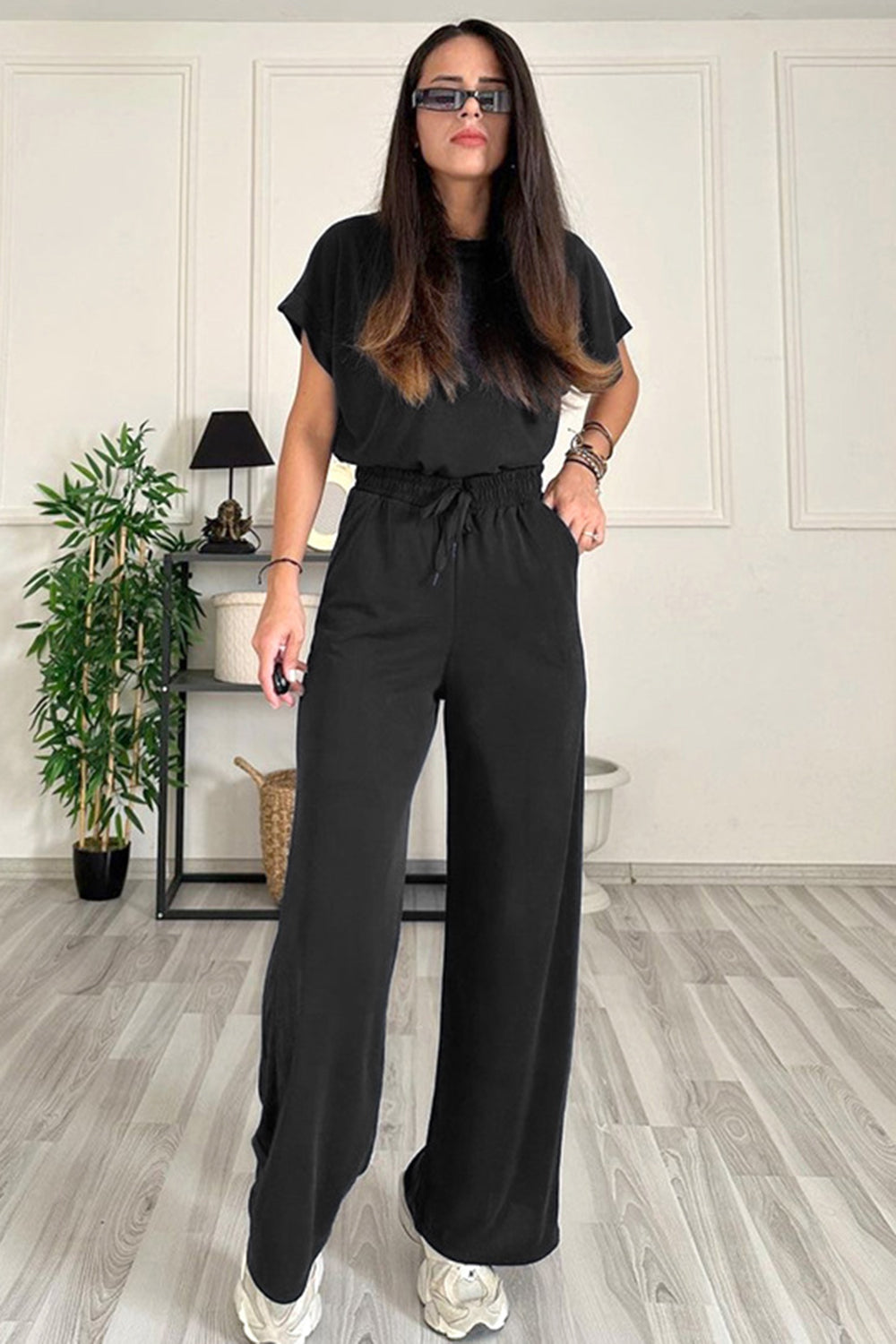 Round Neck Short Sleeve Top and Drawstring Pants Set - Siennasass