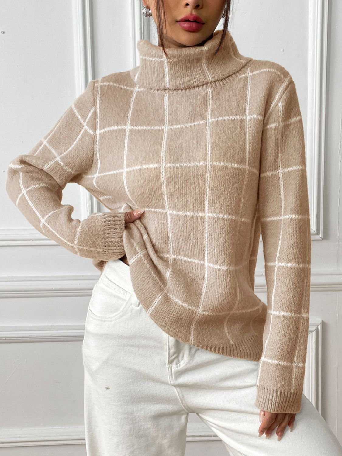 Plaid Turtleneck Long Sleeve Sweater - Siennasass