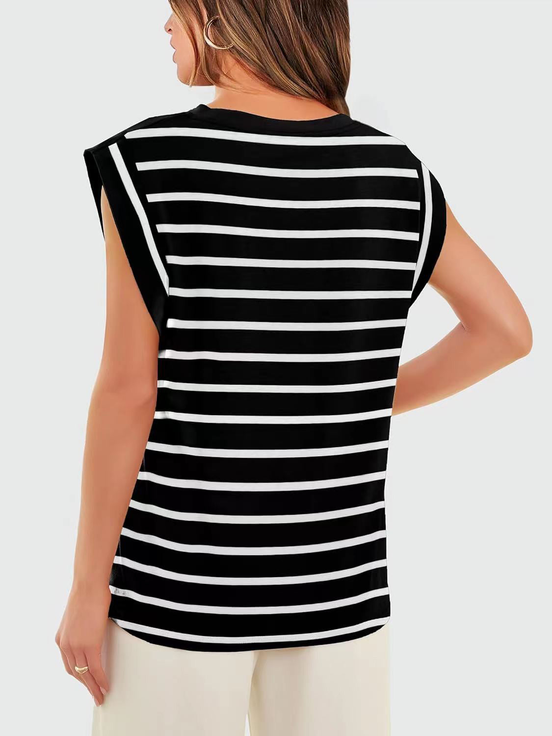 Striped Round Neck Cap Sleeve T-Shirt - Siennasass