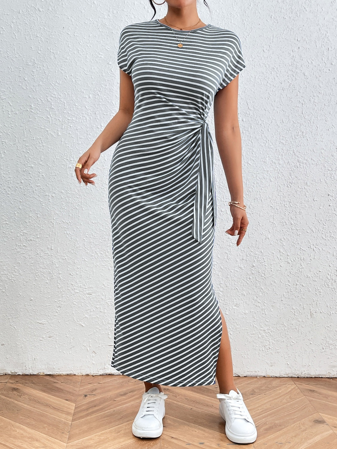 Tied Striped Round Neck Short Sleeve Tee Dress - Siennasass