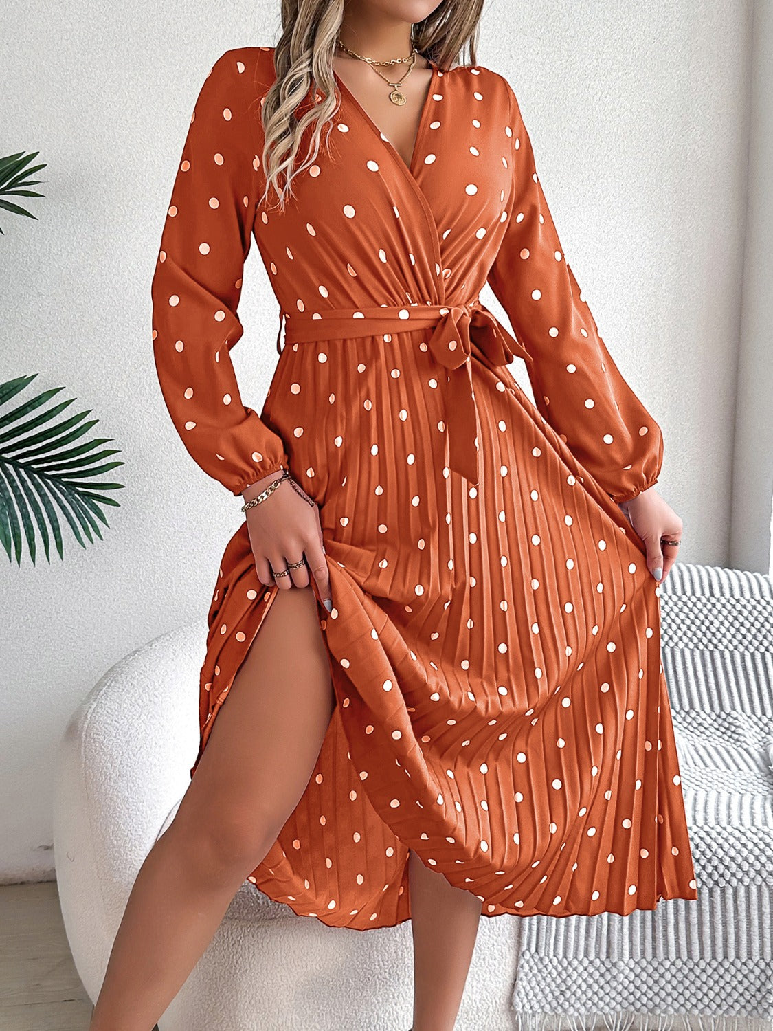 Tied Polka Dot Long Sleeve Midi Dress - Siennasass