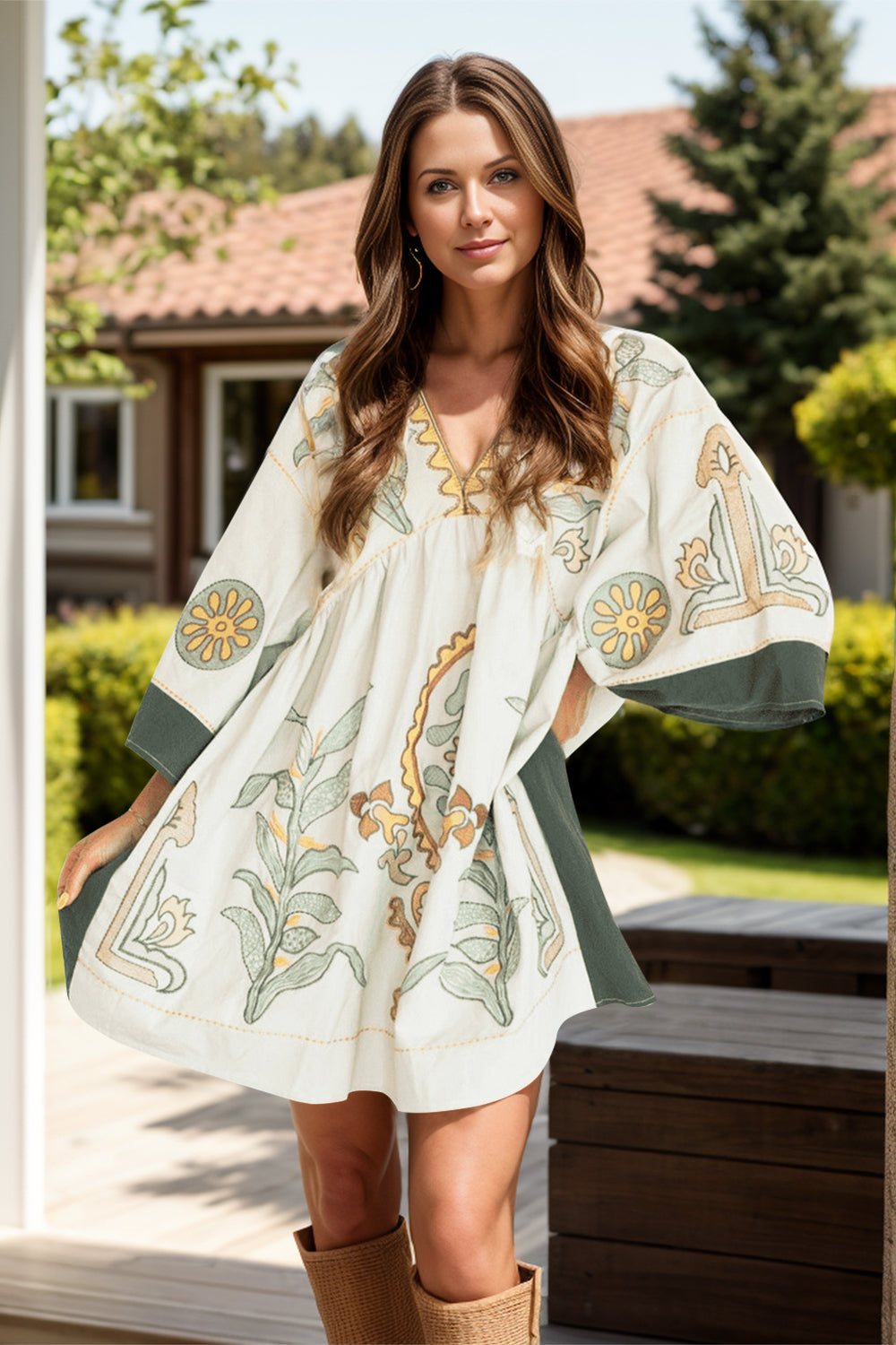 Printed V-Neck Three-Quarter Sleeve Mini Dress