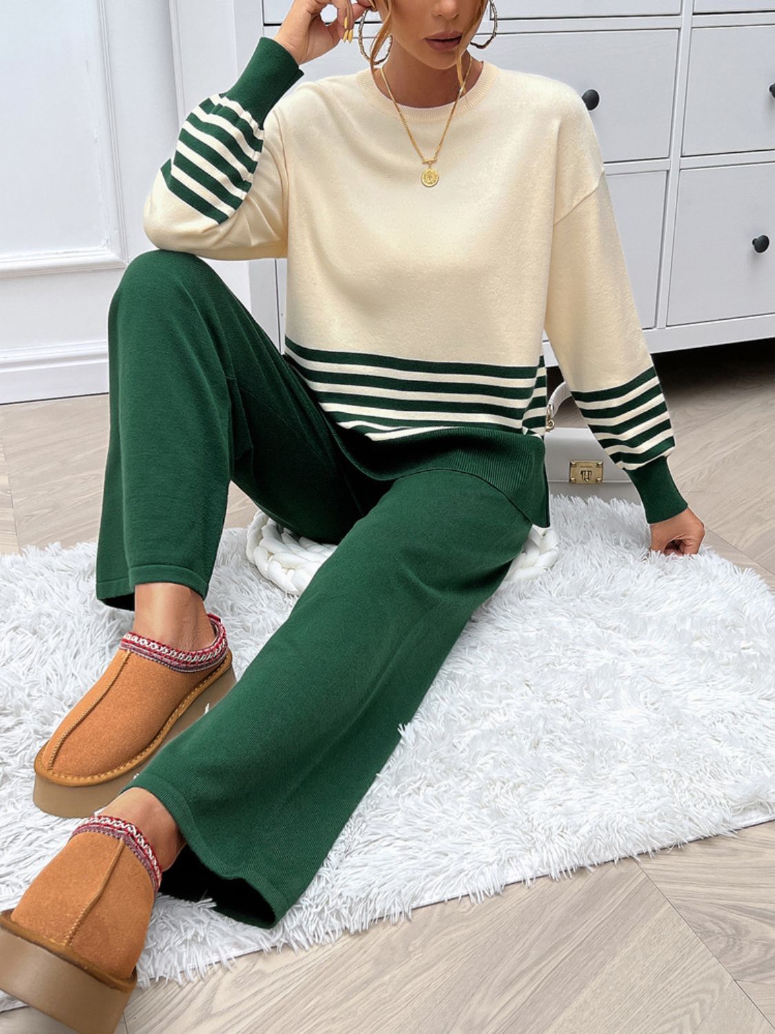 Devine Slit Striped Round Neck Top and Pants Sweater Set - Siennasass