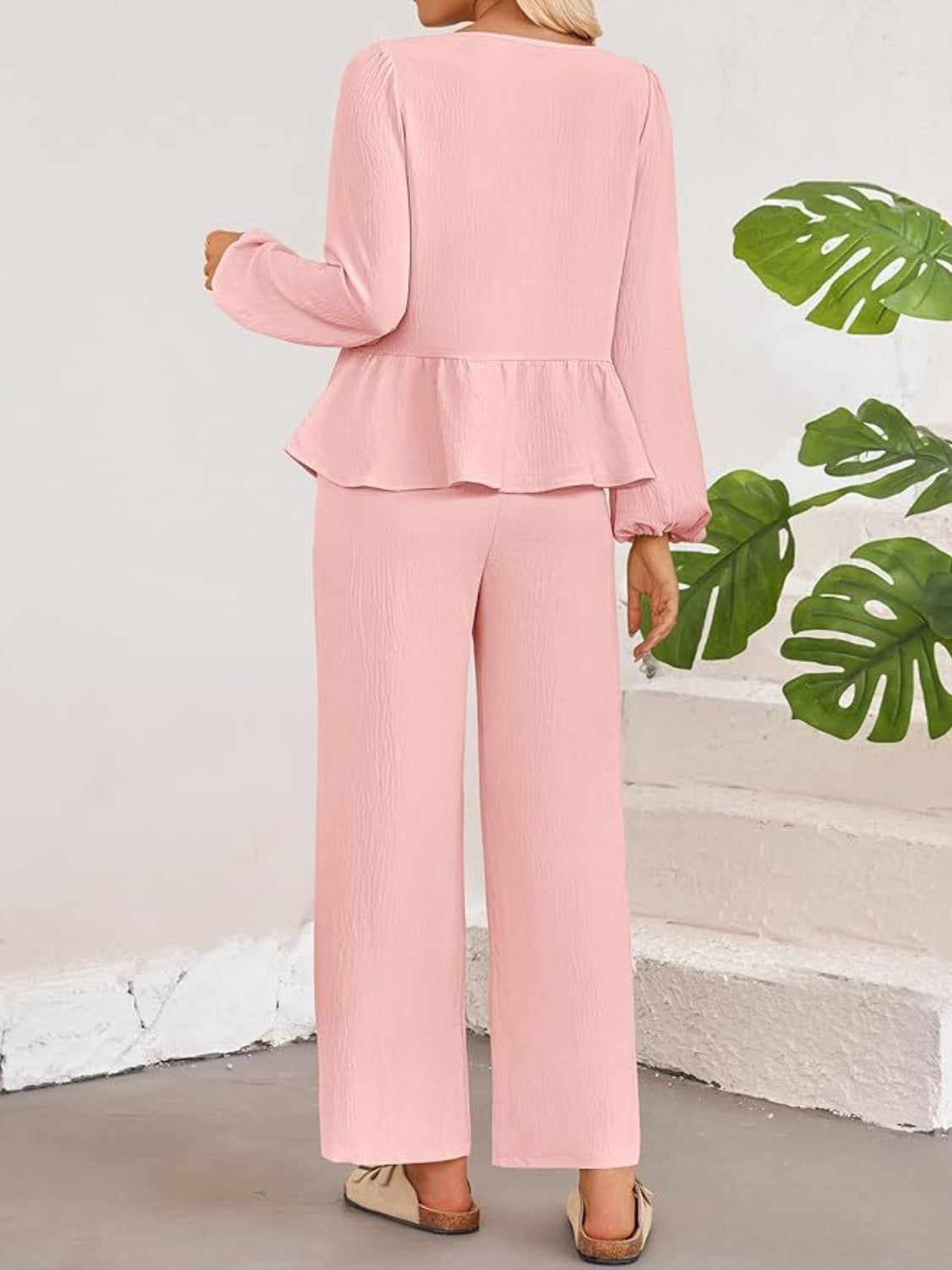 Tie Neck Balloon Sleeve Top and Pants Set - Siennasass