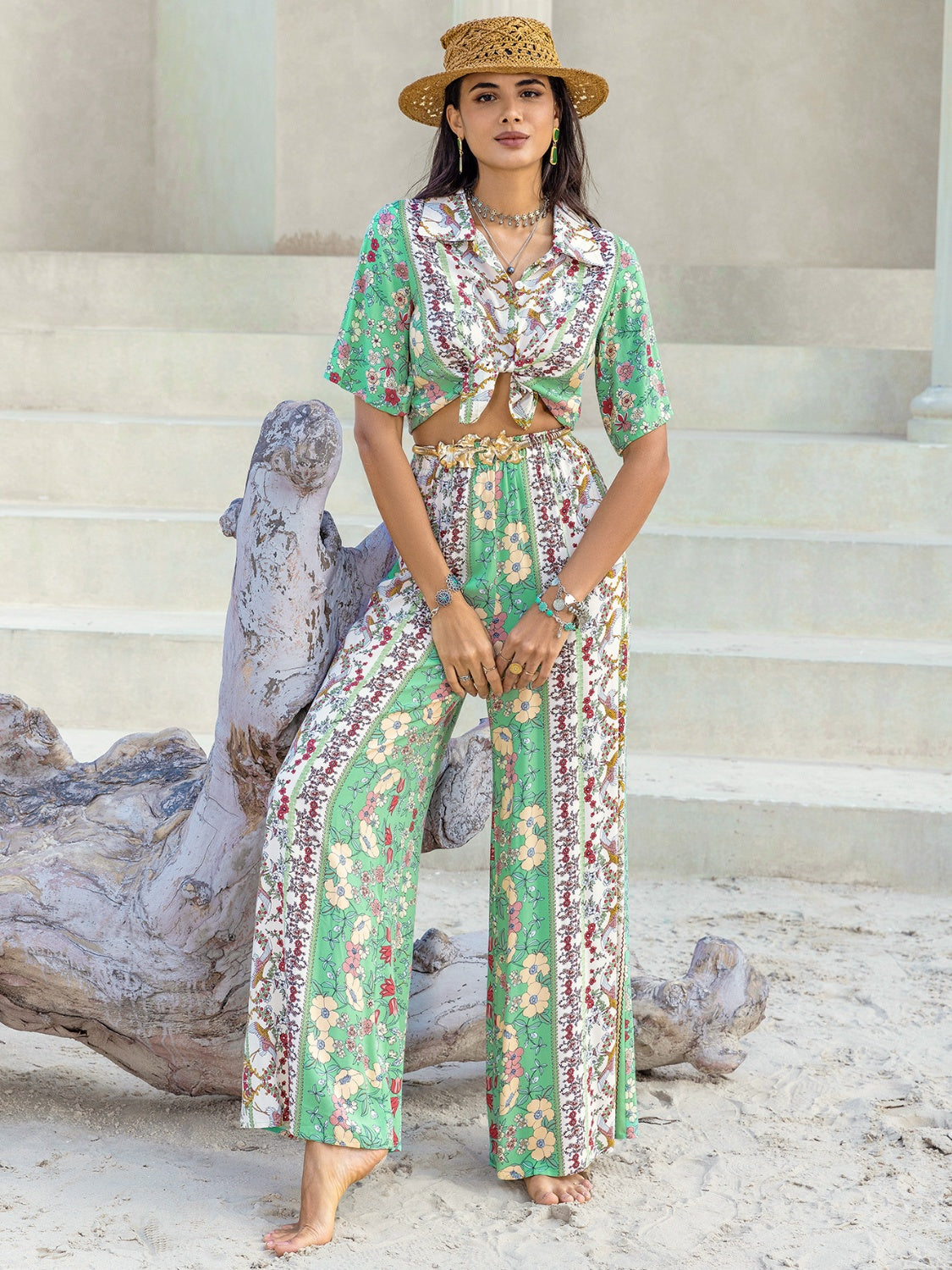 Printed Half Sleeve Top and Wide Leg Pants Set