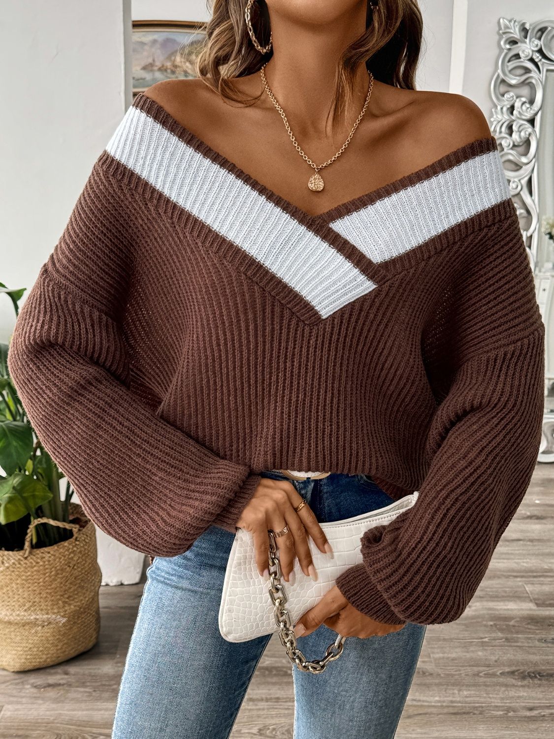 Contrast Dropped Shoulder Long Sleeve Sweater - Siennasass