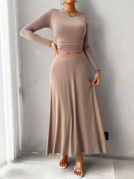 Devine Round Neck Long Sleeve Top and Skirt Set - Siennasass