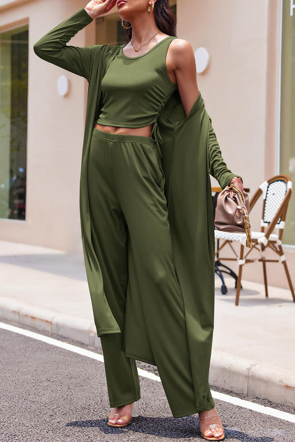 Drawstring Tank, Long Sleeve Cover Up and Pants Set - Siennasass