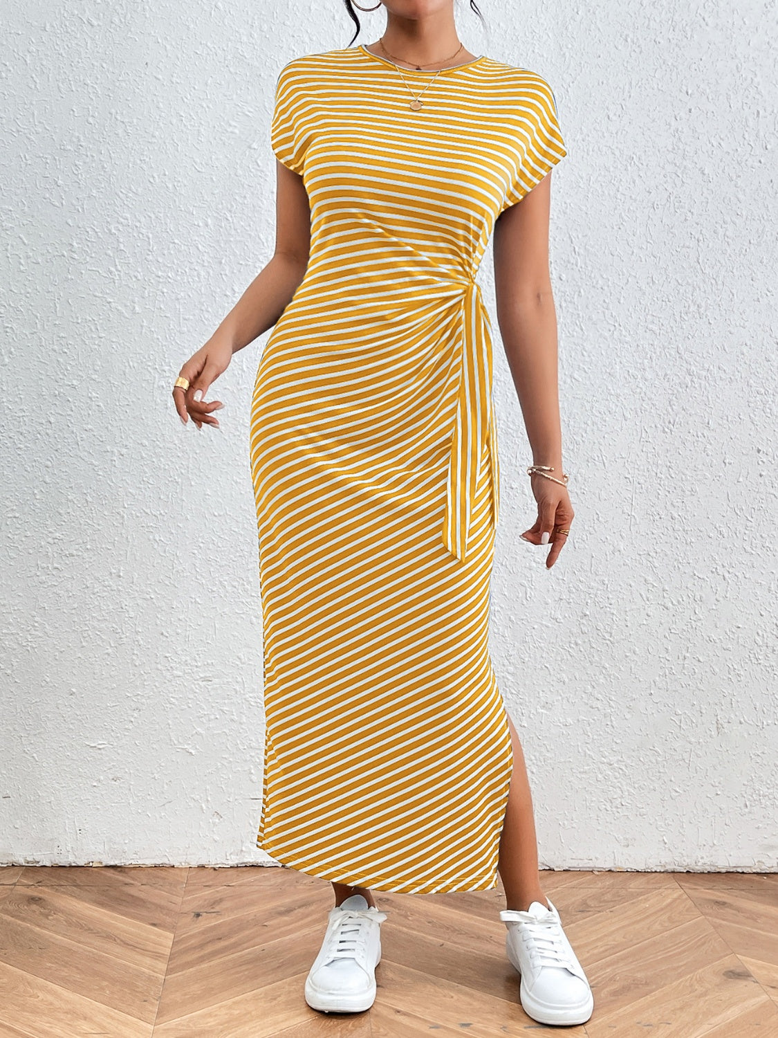 Tied Striped Round Neck Short Sleeve Tee Dress - Siennasass