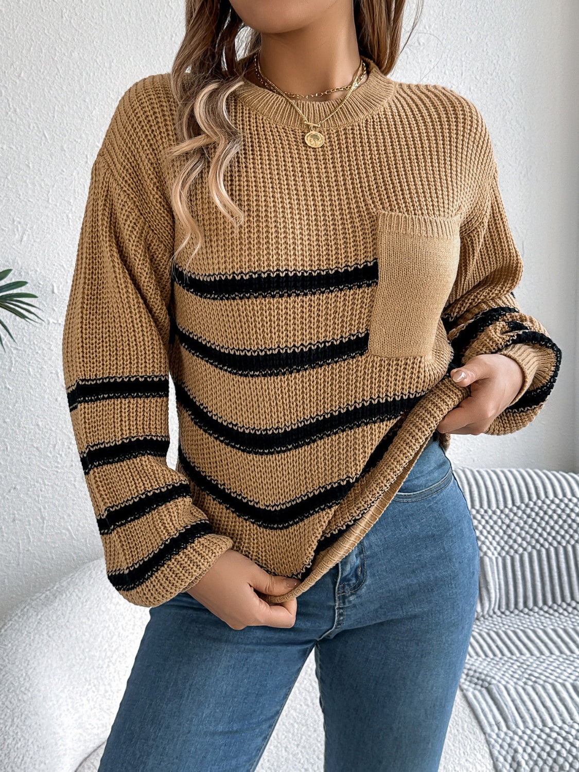 Striped Round Neck Long Sleeve Sweater - Siennasass