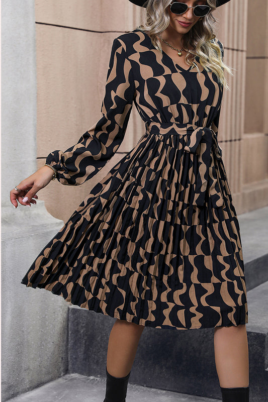 Perfee Lace Trim Long Sleeve Tie Waist Dress