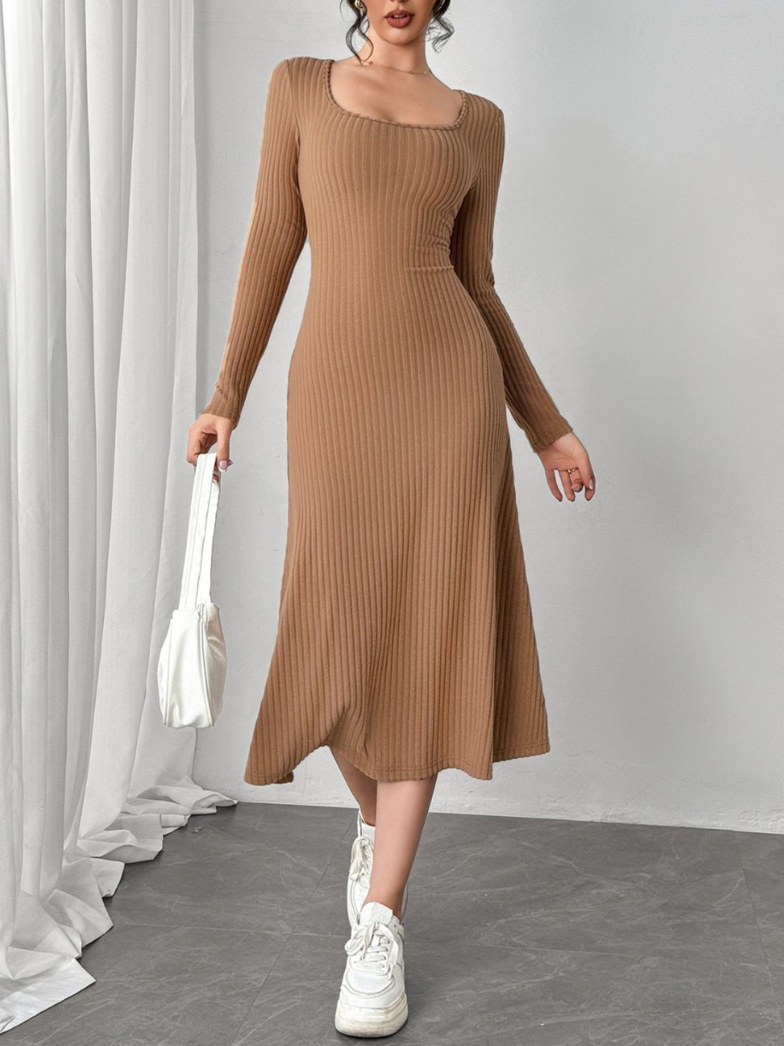 Square Neck Long Sleeve Midi Wrap Dress - Siennasass