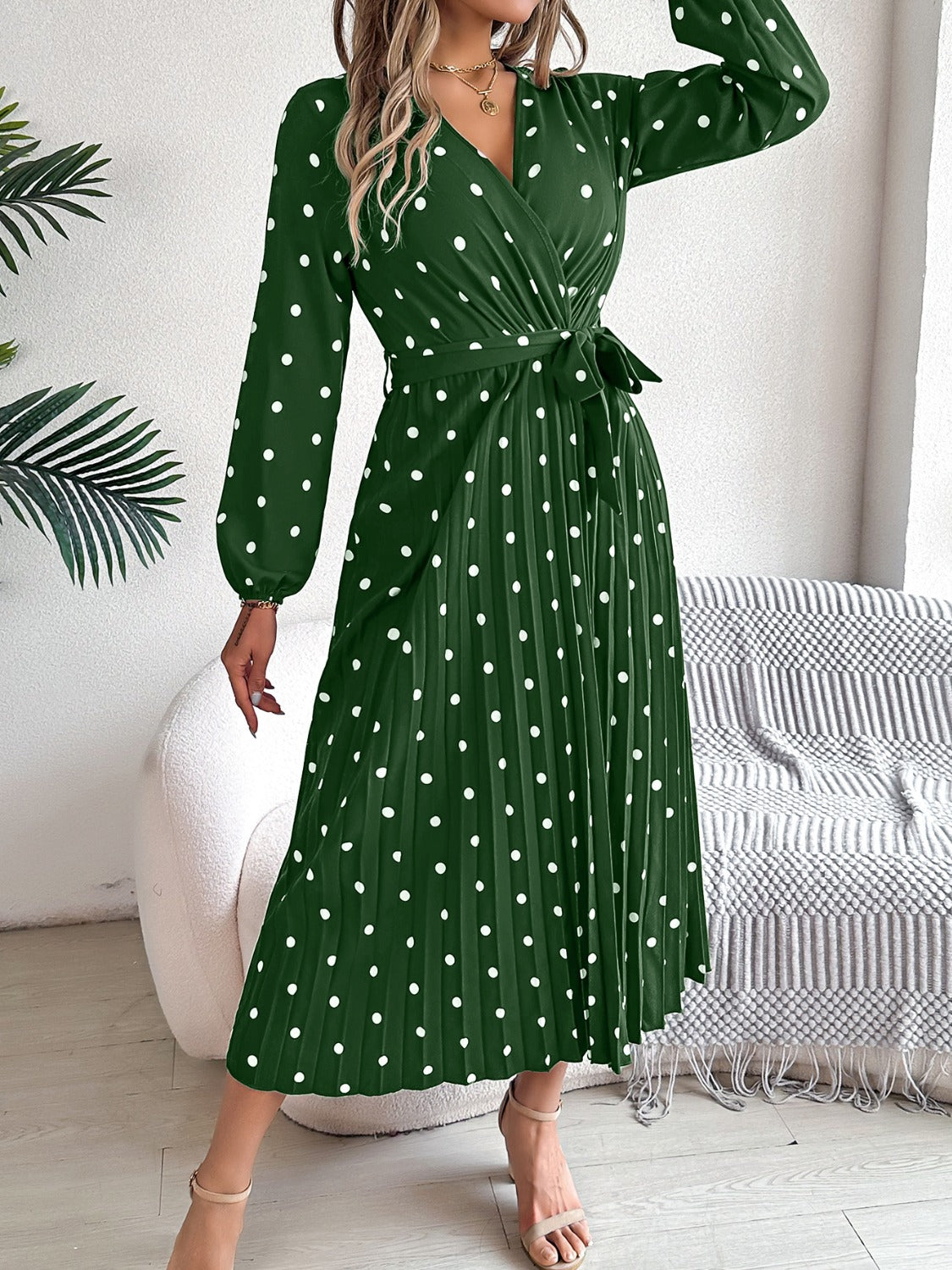 Tied Polka Dot Long Sleeve Midi Dress - Siennasass