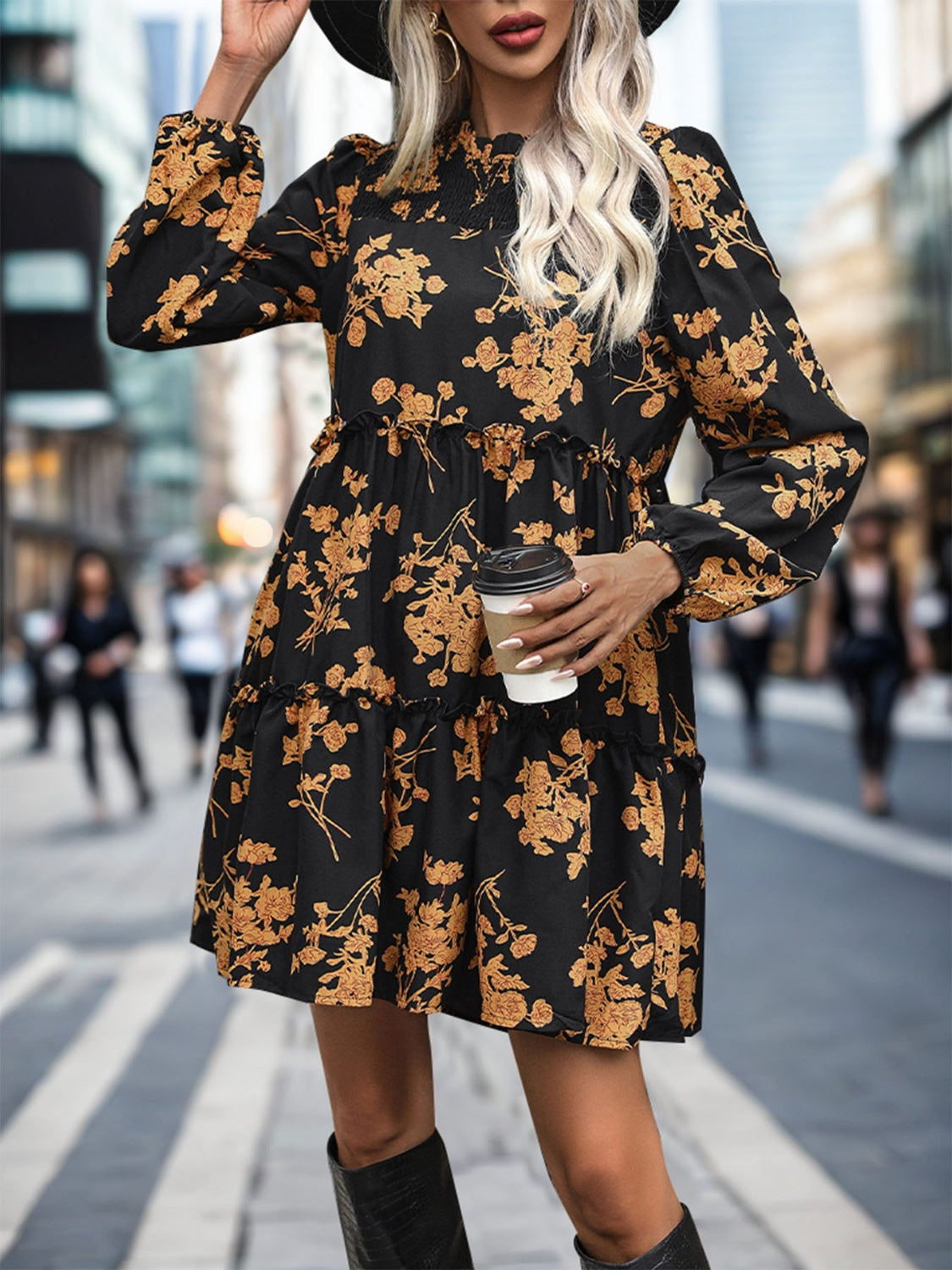 Frill Printed Long Sleeve Mini Dress - Siennasass