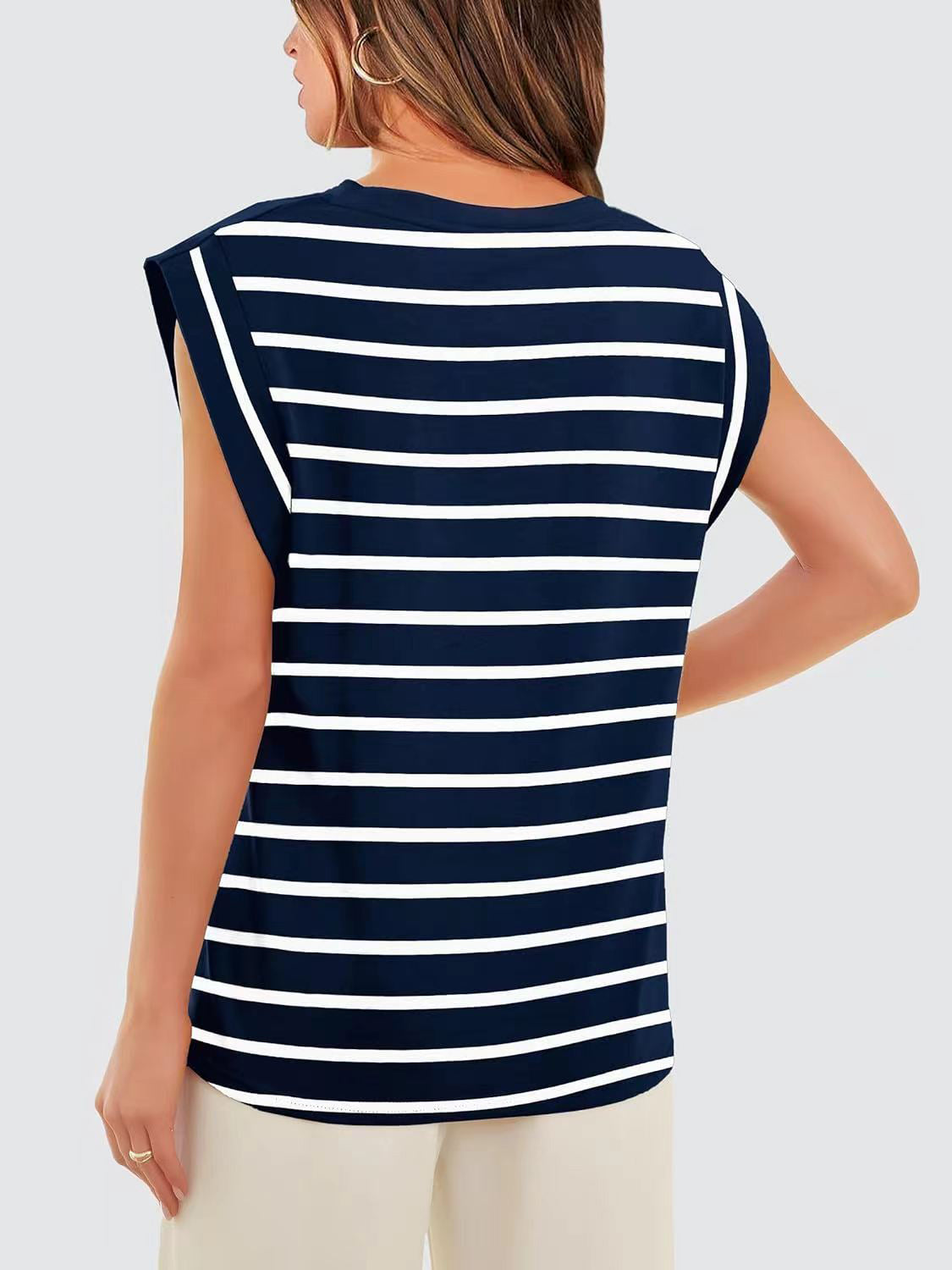 Striped Round Neck Cap Sleeve T-Shirt - Siennasass