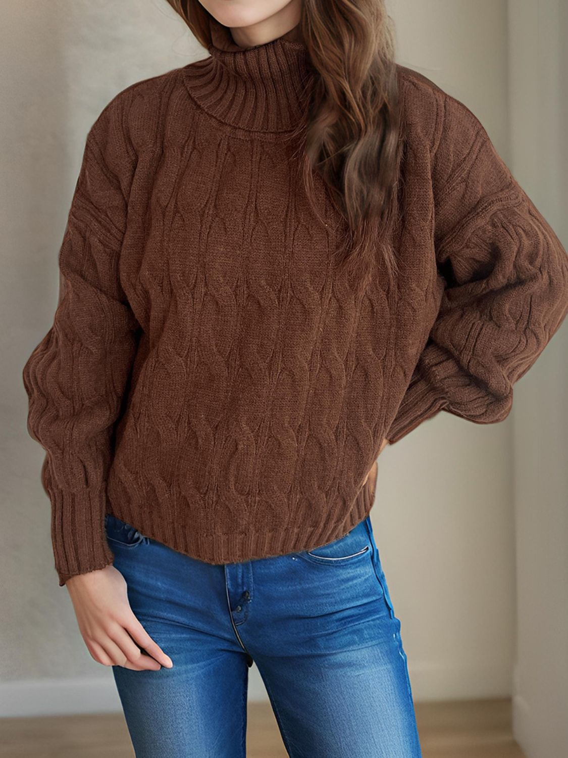 Cable-Knit Turtleneck Long Sleeve Sweater - Siennasass