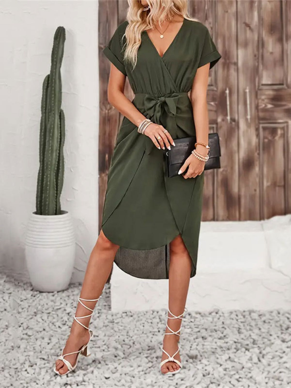 Tied Surplice Short Sleeve Dress - Siennasass