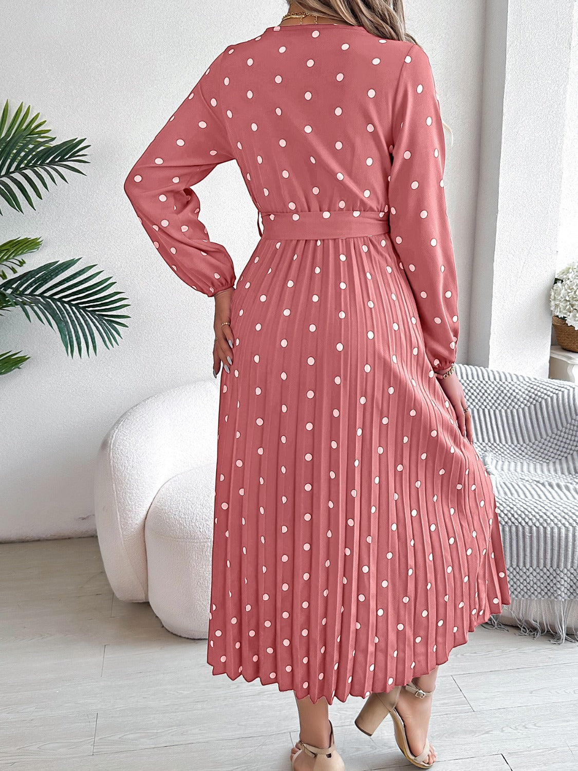 Tied Polka Dot Long Sleeve Midi Dress - Siennasass