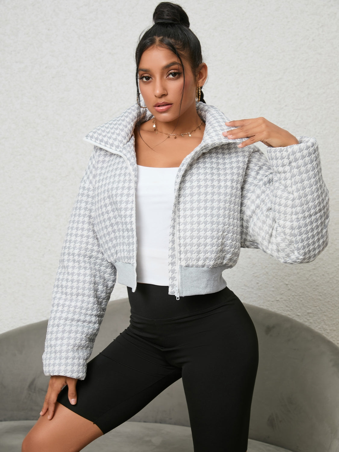 Houndstooth Zip-Up Jacket - Siennasass