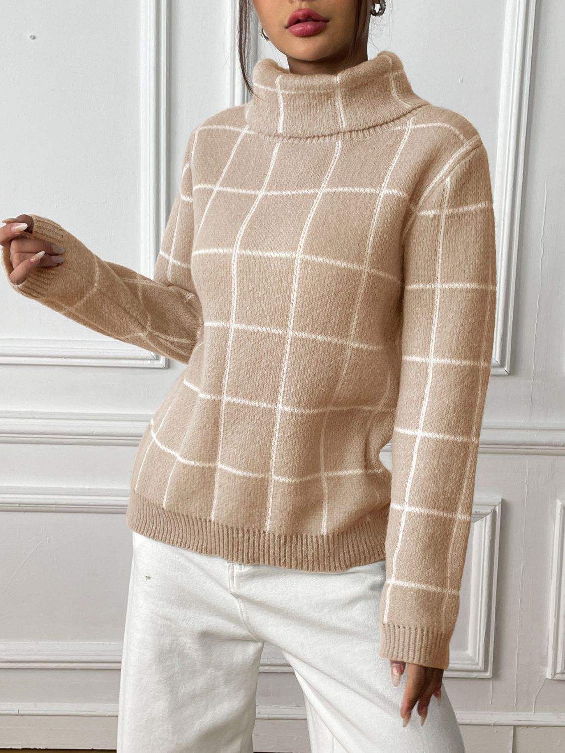 Plaid Turtleneck Long Sleeve Sweater - Siennasass