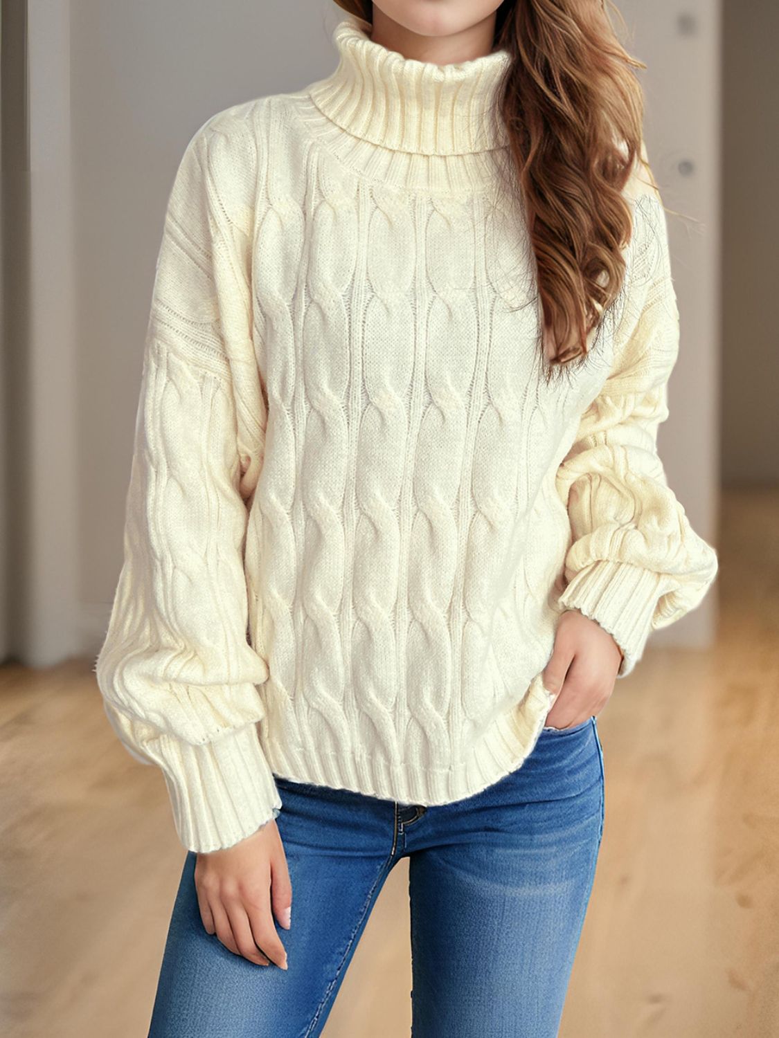 Cable-Knit Turtleneck Long Sleeve Sweater - Siennasass