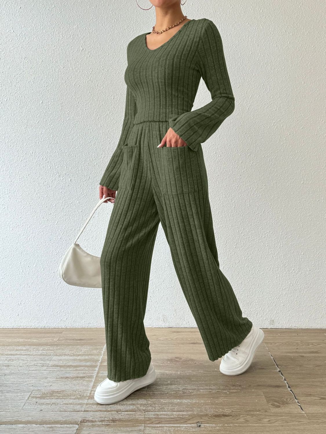 Ribbed V-Neck Long Sleeve Top and Pocketed Pants Set - Siennasass