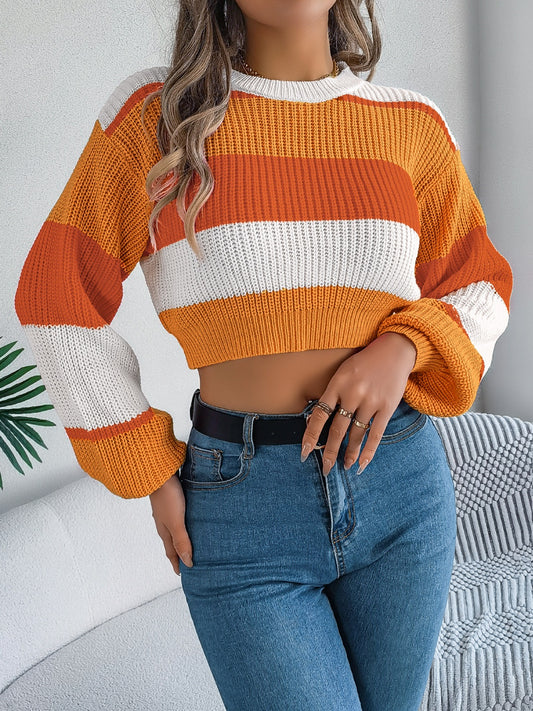 Color Block Round Neck Cropped Sweater - Siennasass