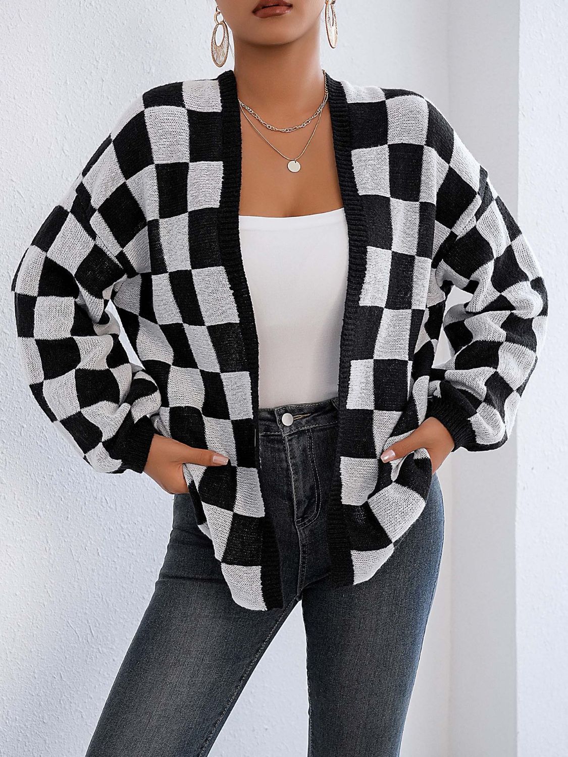 Checkered Open Front Long Sleeve Cardigan