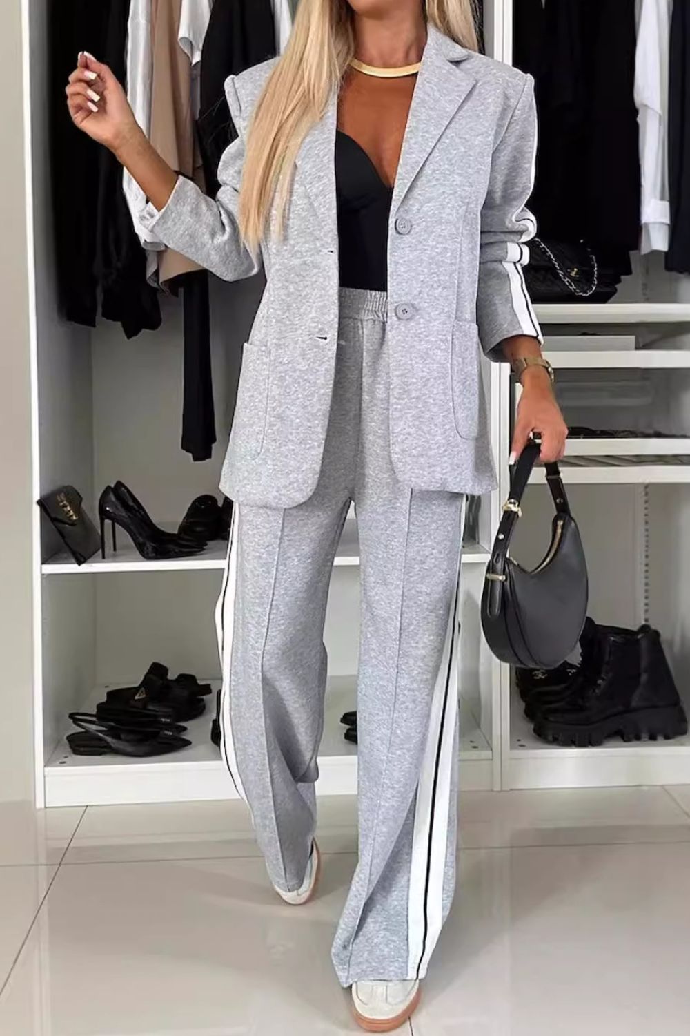 Full Size Contrast Lapel Collar Top and Pants Set - Siennasass