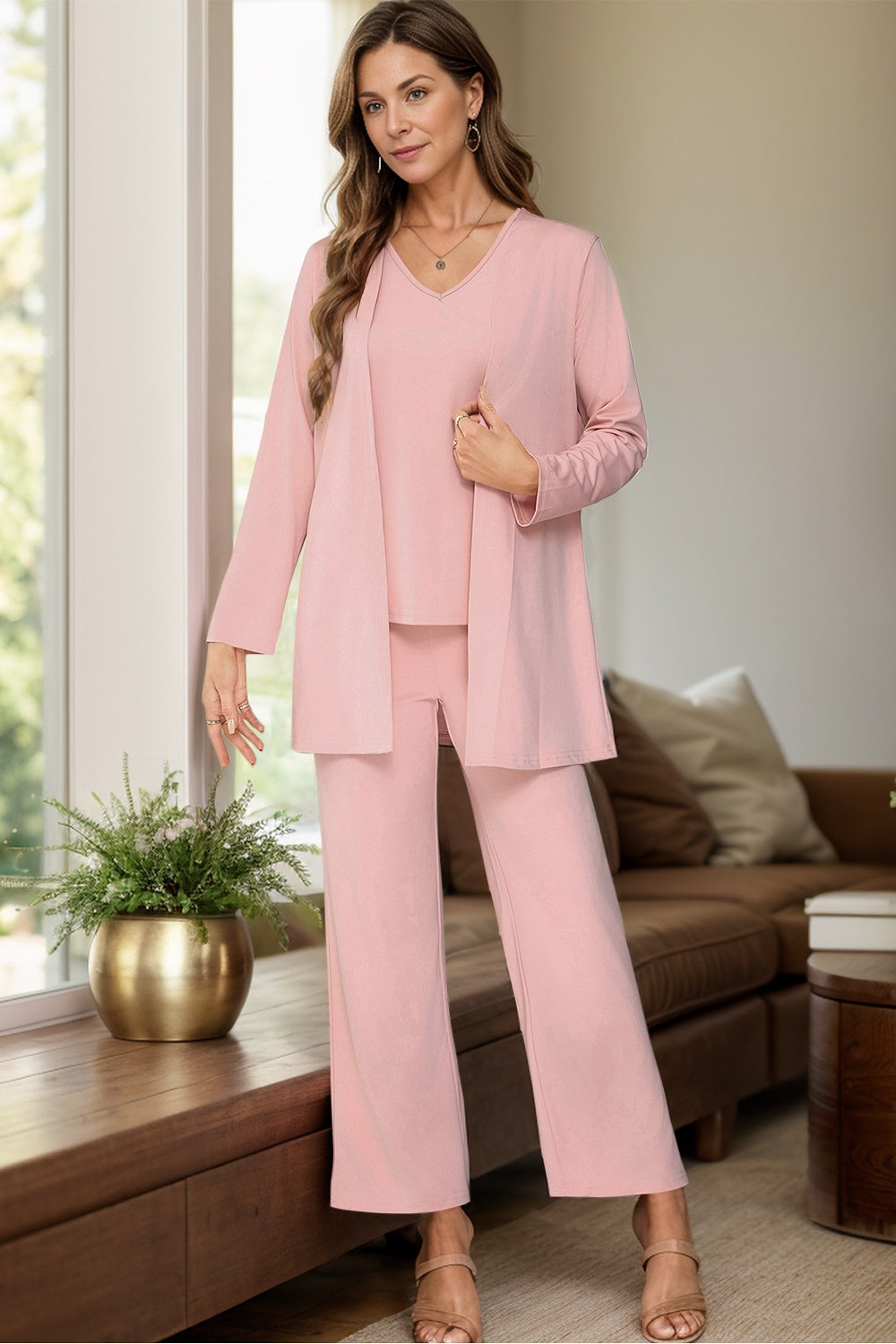 V-Neck Tank, Long Sleeve Cover-Up and Pants Three Piece Set - Siennasass