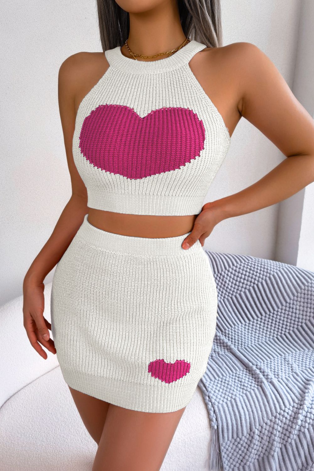 Heart Contrast Ribbed Sleeveless Knit Top and Skirt Set - Siennasass